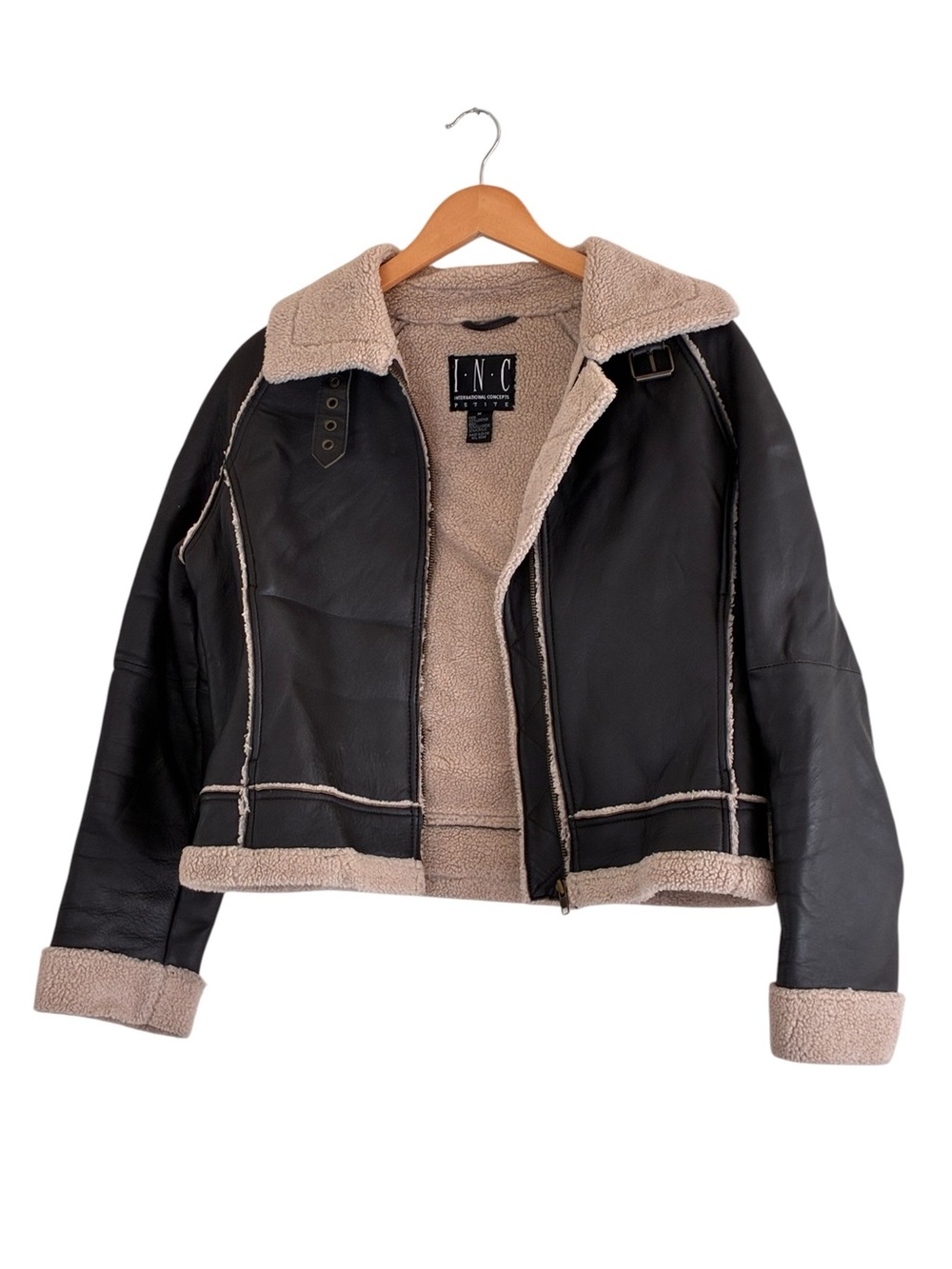 I.N.C | 100% Leather brown bomber jacket Sherpa lining zip front medium petite